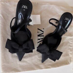 ZARA Black Pointed-Toe High Heels with Bowknot Decoration